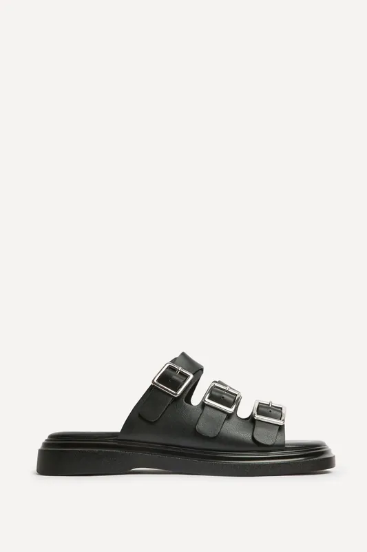 Satellite Black Faux Leather Flat Sandals - Linzi