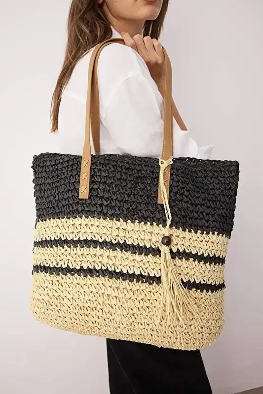 Striped Straw Tassel Beach Tote Bag - WOVCOR