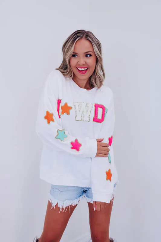 White Glitter Howdy Patch Graphic Casual Sweatshirt - Everyday The Label