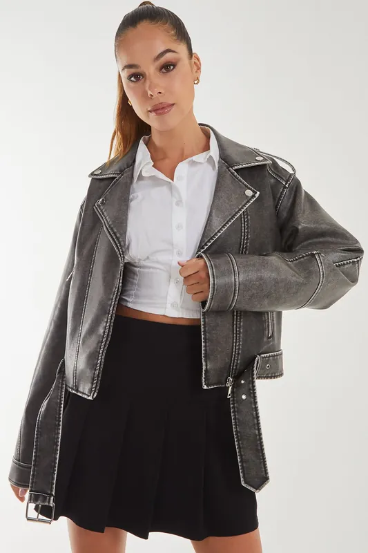 Stone Wash PU Biker Jacket - Pink Vanilla