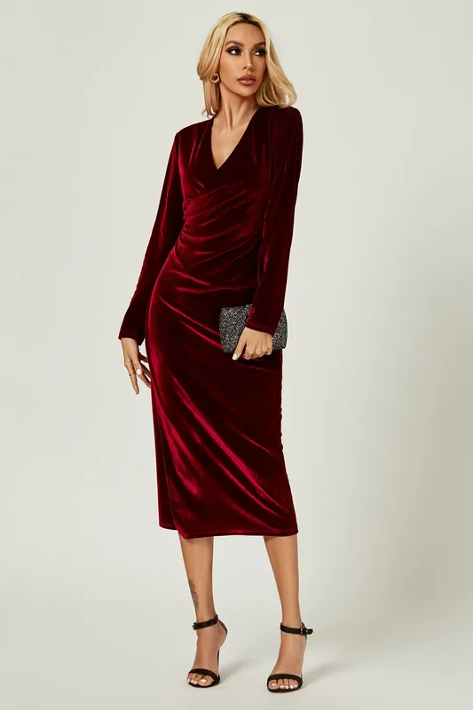 Velvet Wrap Style Long Sleeve Midi Dress In Wine - FS Collection