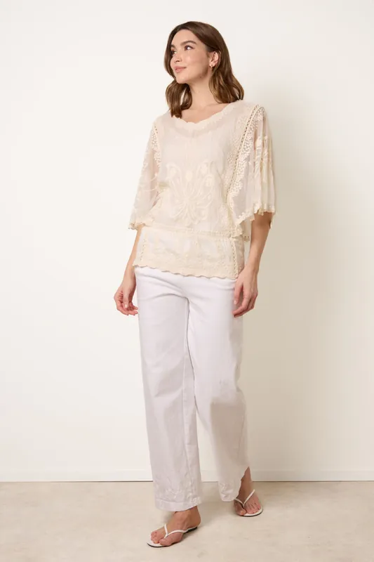 Stone Floral Lace Butterfly Sleeve Blouse - Blue Vanilla
