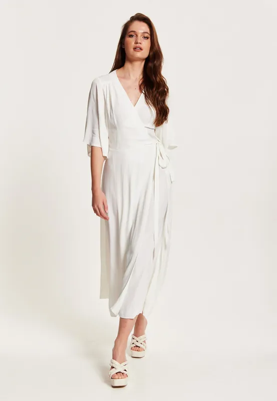 Midi Wrap Dress With Kimono Sleeves In White - Liquorish