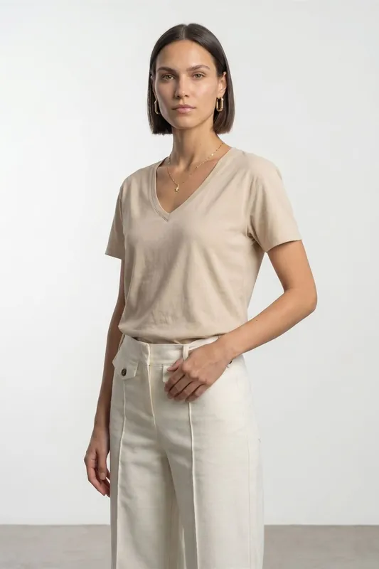 Cotton Tencel V-Neck Short-Sleeve Blouse