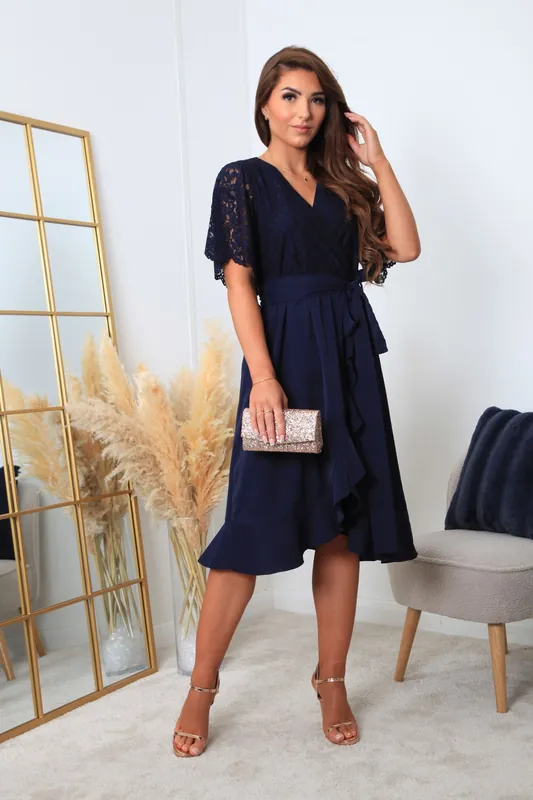 Navy Wrap Lace Dress With Frill Hem - DOUBLE SECOND