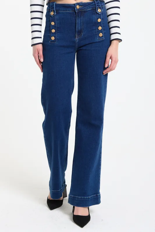 Sailor Button Wide Leg Denim Jeans - Liquorish