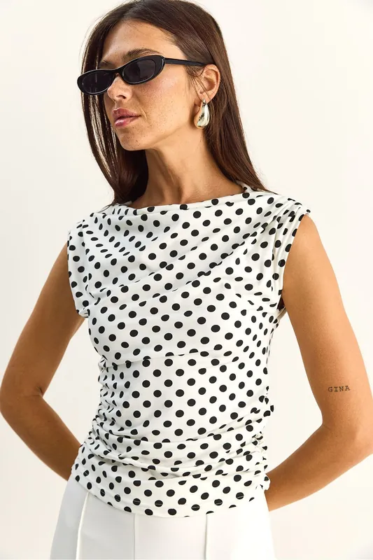 Fitted Cowl Neck Polka Dot Blouse - Bianco Lucci