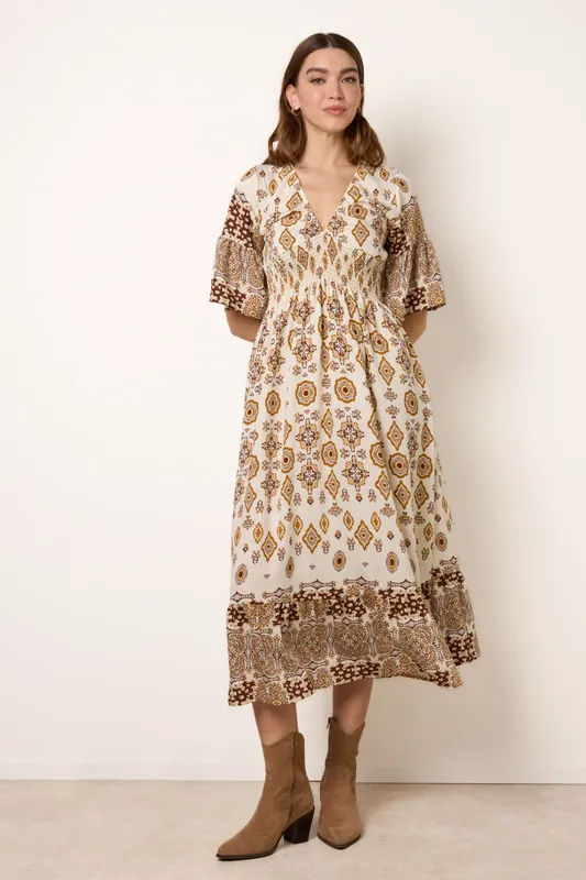 Brown V Neck Border Print Dress - Blue Vanilla