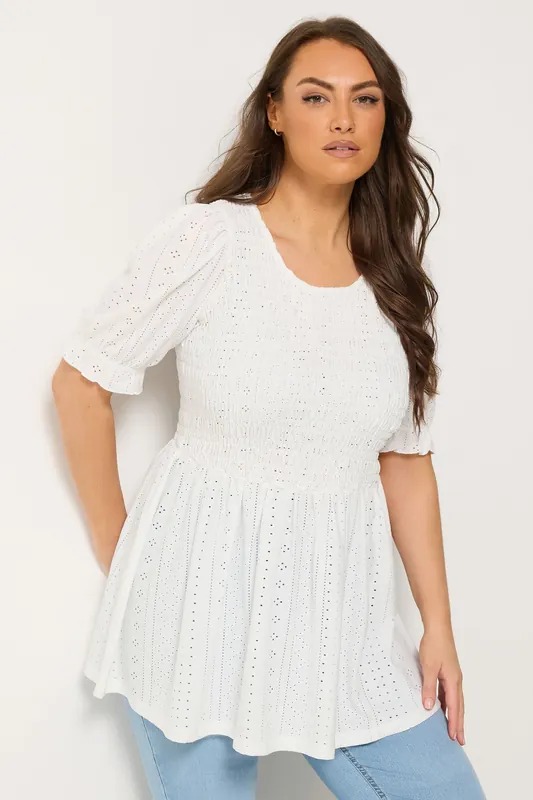 Broderie Anglaise Shirred Puff Sleeve Top - Yours