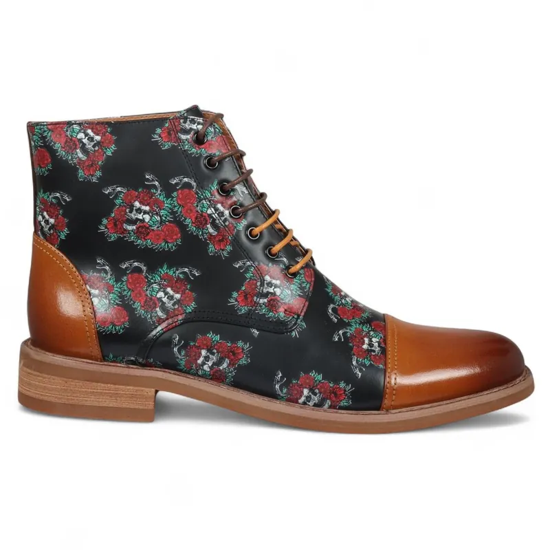 Floral Skull Print Leather Oxford Ankle Boots - Adam Skull