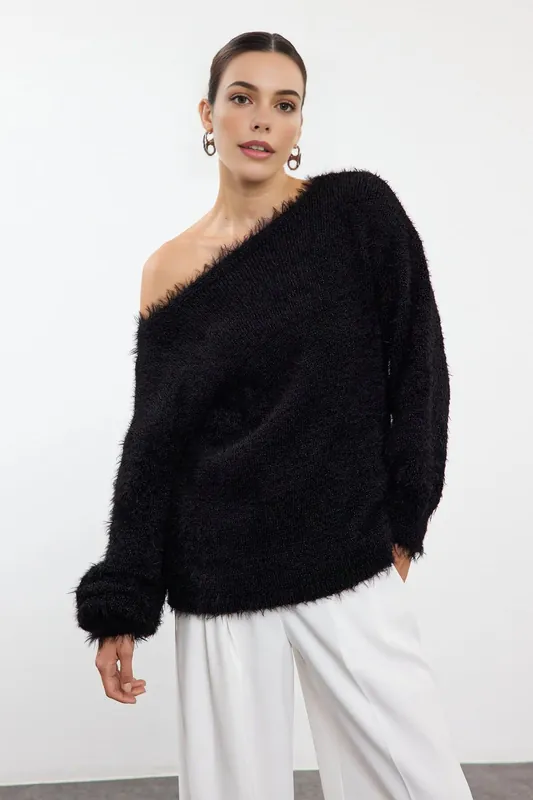 Flocked Faux-Fur Off Shoulder Knit Sweater