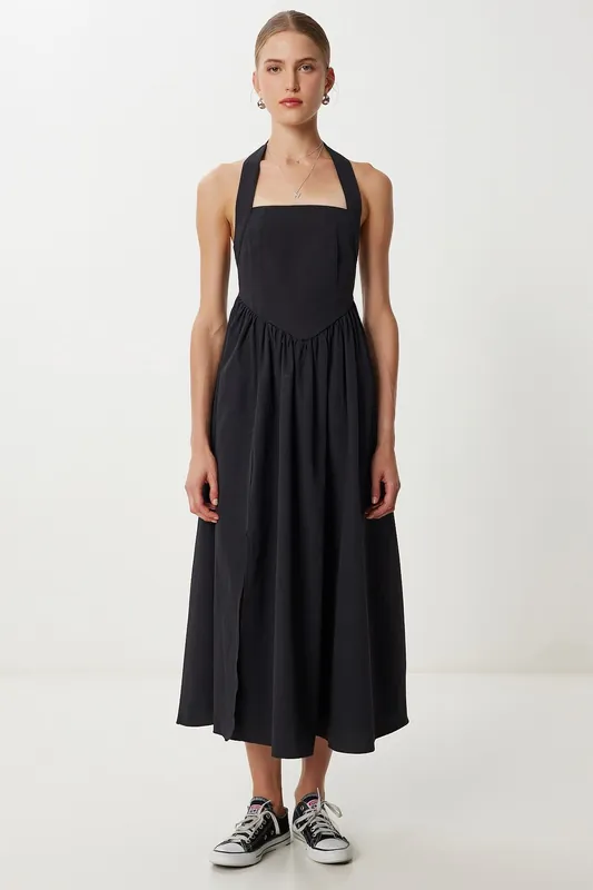Slim Fit Midi Dress with Square Collar - Happiness Istanbul