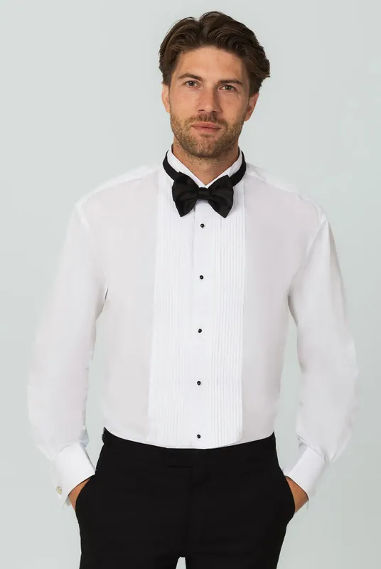 White Pleated Stud Button Front Wing Collar 100% Cotton Dress Shirt - Dobell