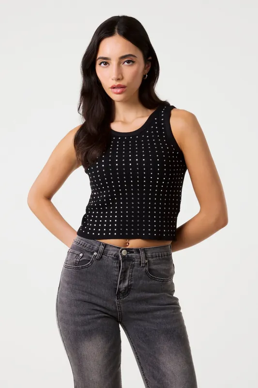 Black Diamante Ribbed Vest - Pink Vanilla