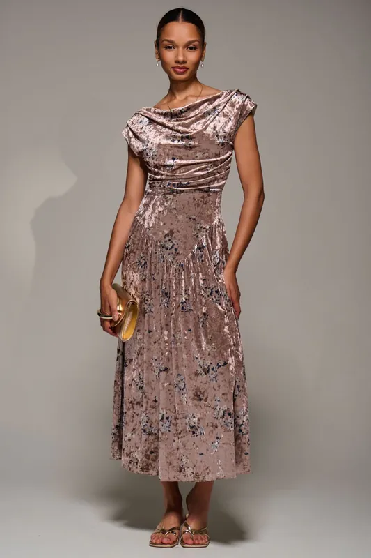 Cowl Neckline Draped Velvet Midaxi Dress - Jolie Moi