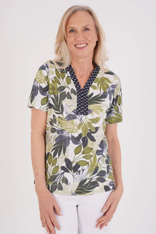 Embroidered Notch Neckline Jungle Print Top - Tigi
