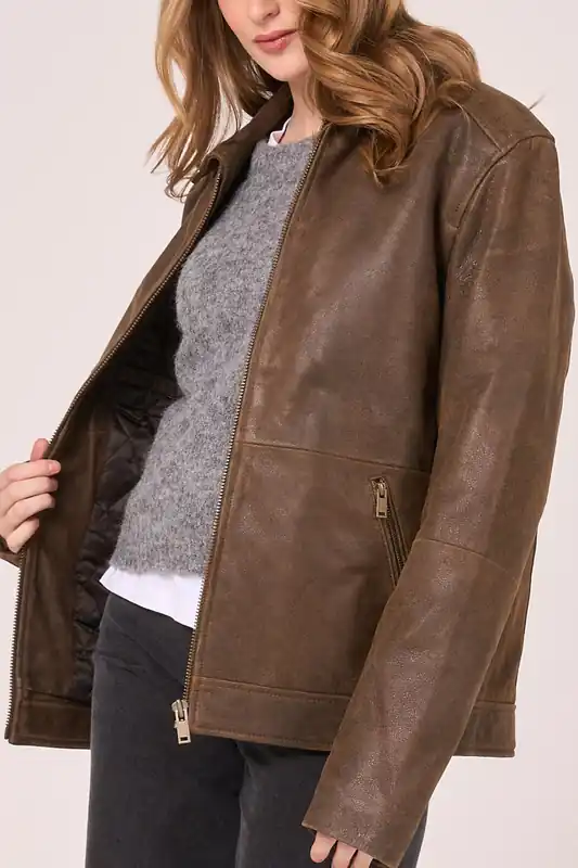 Oversized Aged Real Leather Harrington - Barneys Originals