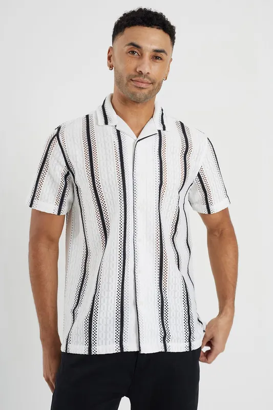 Knitted Revere Collar Striped Shirt Sleeve Shirt - Brave Soul