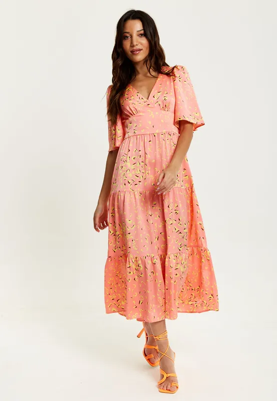Midi Abstract Animal Print Dress In Peach - Liquorish