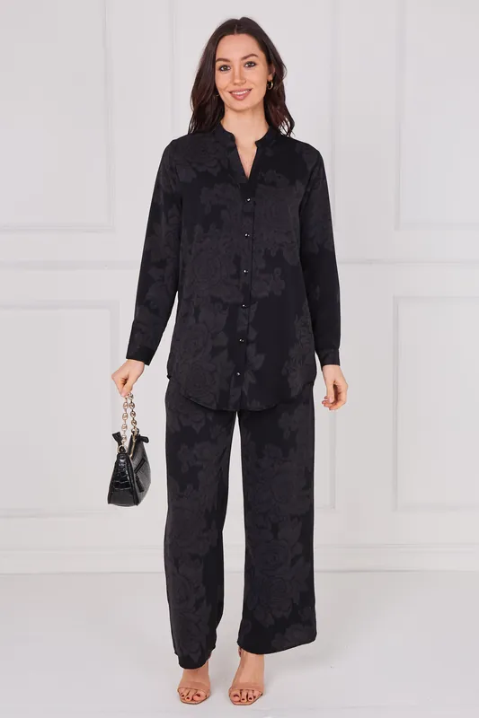 Black Tonal Rose Print Shirt and Trousers Co-Ord Set