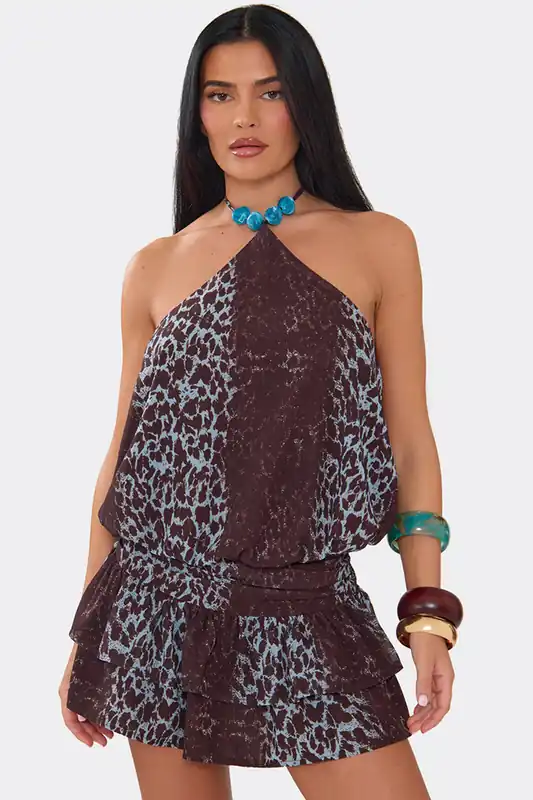 Sleeveless Frill Trim Leopard Print Mini Dress - EGO