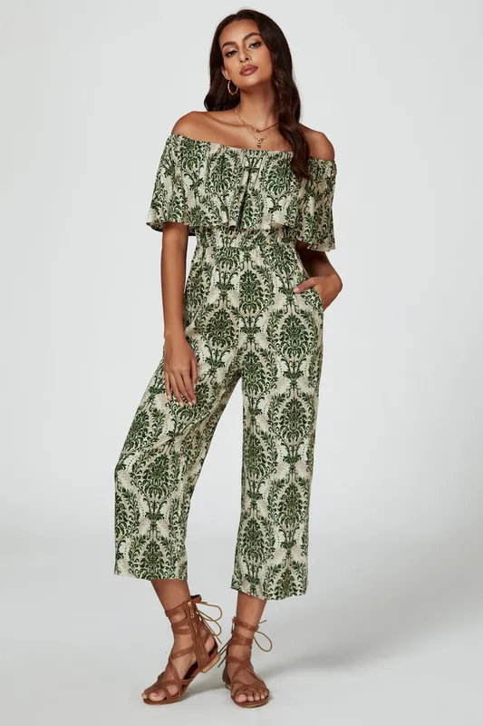 Off The Shoulder Print Frill Jumpsuit In Green - FS Collection