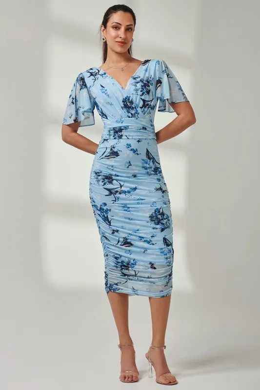Angel Sleeve Ruched Mesh Midi Dress - Jolie Moi
