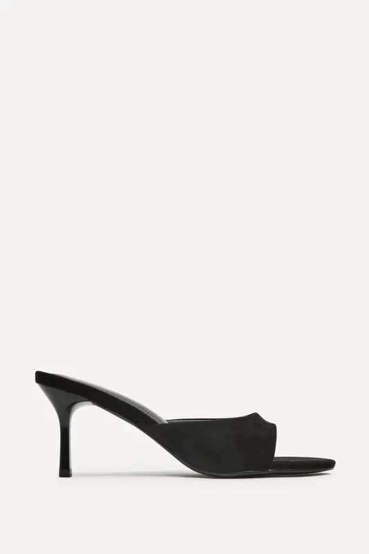Erin Black Faux Suede Mule Heels - Linzi