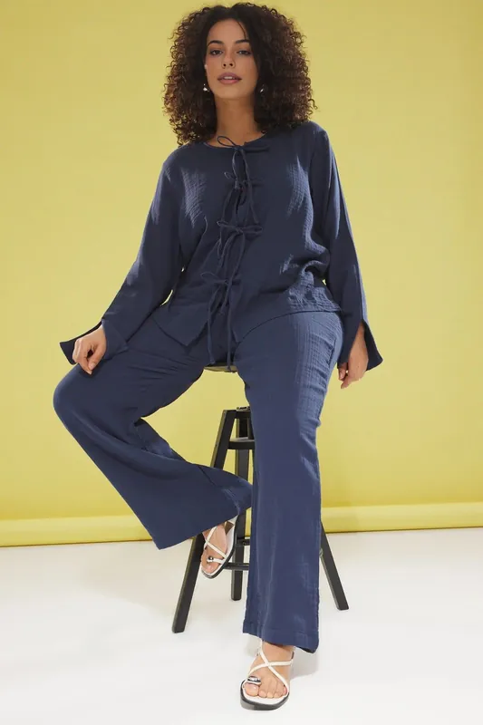 Tie Front Detail Relaxed Fit Wide Leg Trouser Co-ord Set