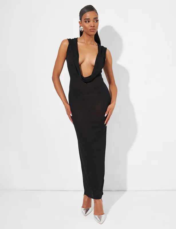 Extreme Dropped Cowl Neck Hooded Midaxi Dress Black - Public Desire