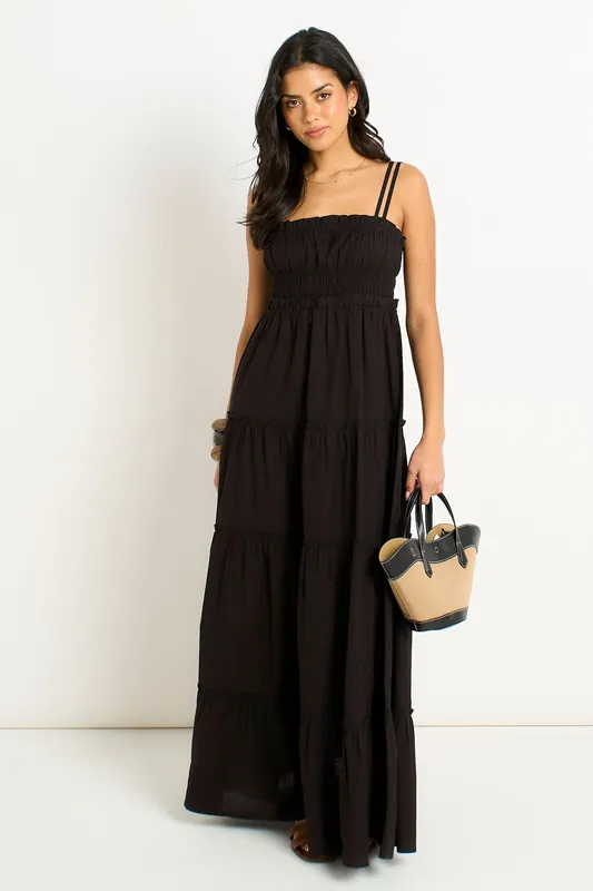 Black Cotton Shirred Strappy Flare Maxi Dress - Gini London