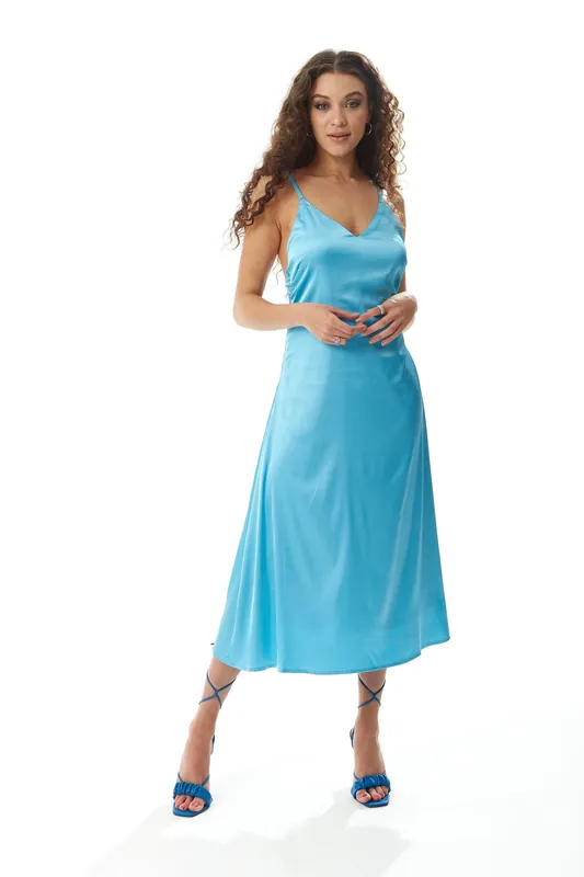 Blue Satin Midi Dress - Liquorish