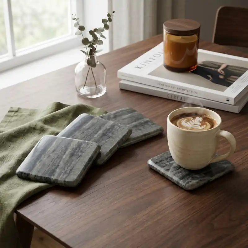 Set Of Four Grey Marble Square Coasters, Durable Natural Stone Coasters For Home & Kitchen - Orsina