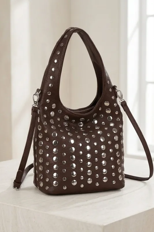 Brown Studded Shoulder Bag – Maiya - Femme Luxe