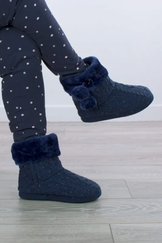 Glitter Cable Knit Pom Pom Ankle Boots Slippers - AJVANI