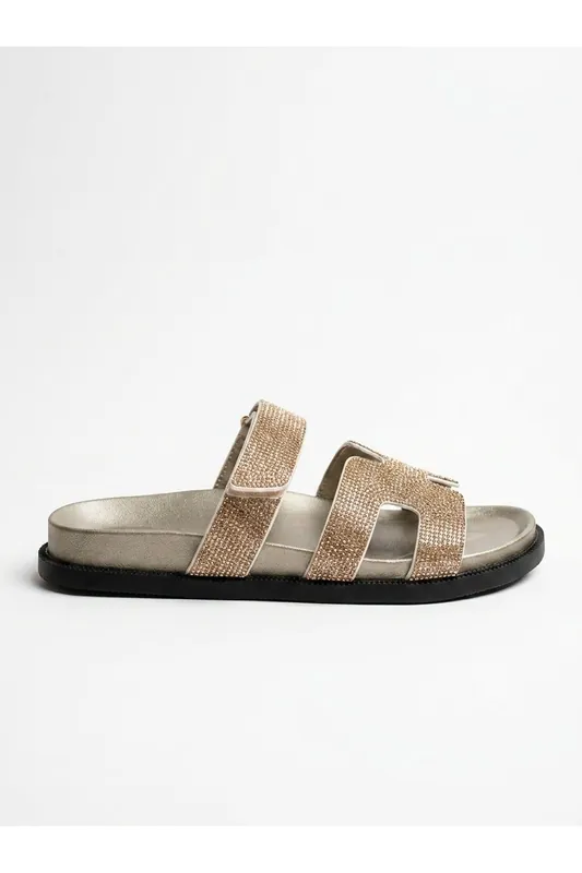 Pearl Rhinestone Embellished Double Strap Sandals - IKRUSH