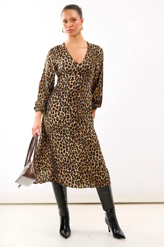 Brown Animal Printed Long Sleeve Midi Dress - Needs No Label