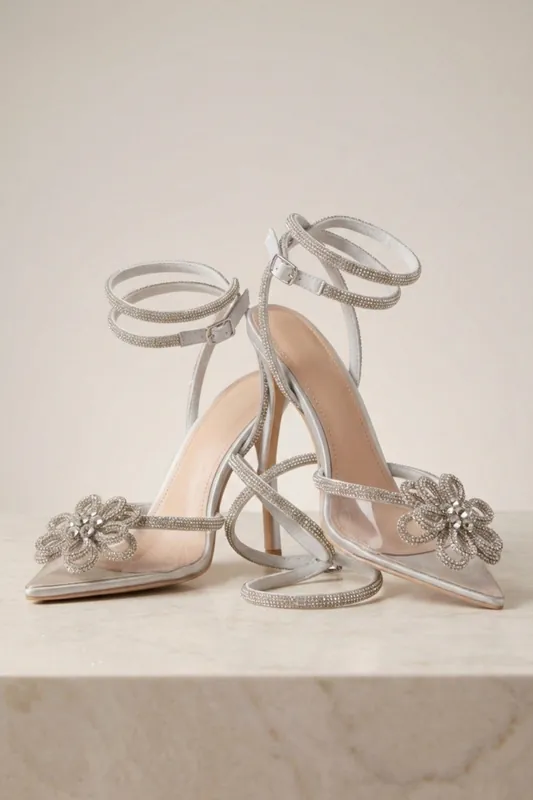 Silver Diamanté Detail Perspex Strappy Sandals - Zoe