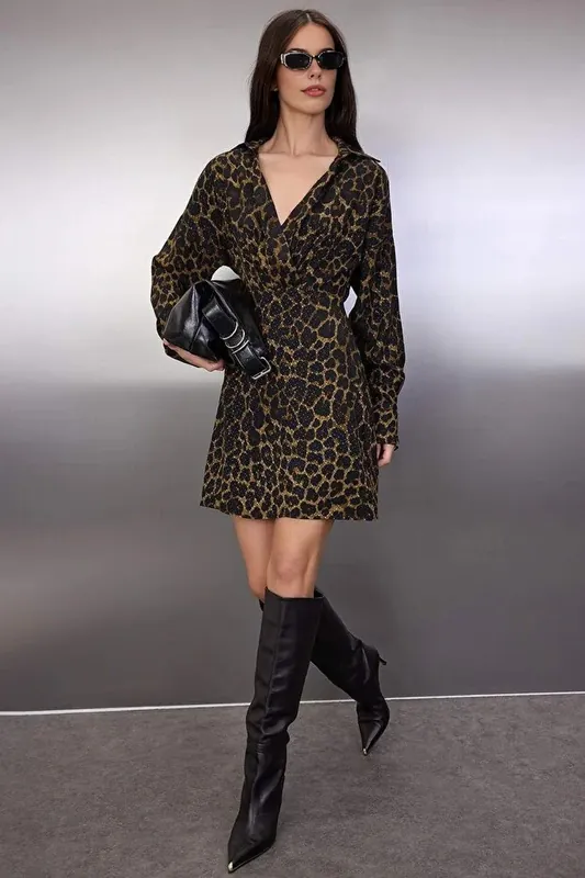 Animal Print Double-Breasted Mini Woven Dress