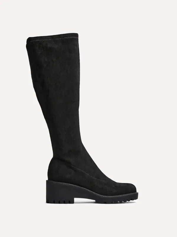 Kortina Black Faux Suede Wedge Knee High Boot - Linzi