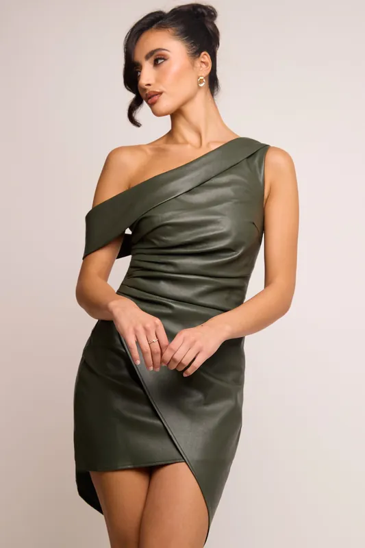 Nessa Green Faux Leather One Shoulder Draped Mini Wrap Dress - Jaded Rose