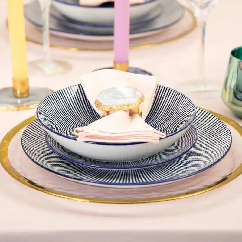 Unique 12 Piece Blue & White Dinner Set,Dolomite Dinnerware Plates And Bowls,Scratch-Resistant Crockery Set