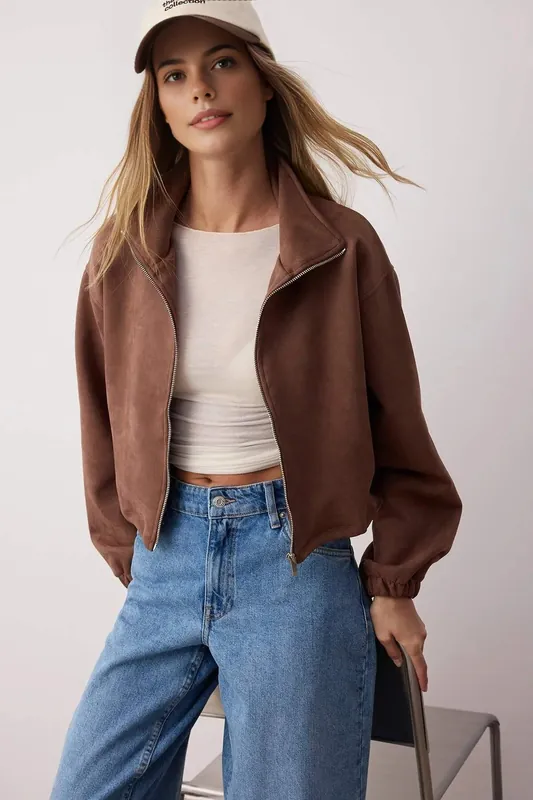 Faux Suede Zip Front Relaxed Fit Jacket - WOVCOR