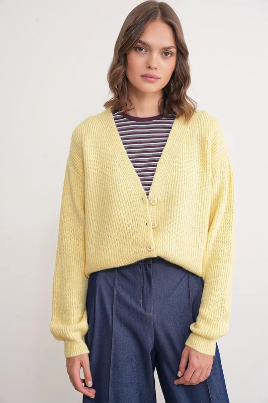 Textured V-Neck Button Cardigan