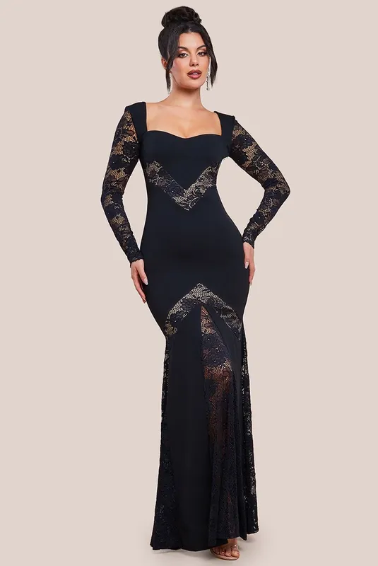 Scuba & Lace Long Sleeve Maxi Dress - Goddiva