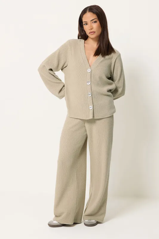 Petite Ribbed Cardigan & Wide Leg Trousers Set - PixieGirl