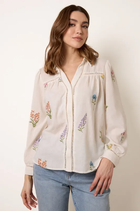 Stone Long Sleeve Embroidered Button Front Blouse - Blue Vanilla