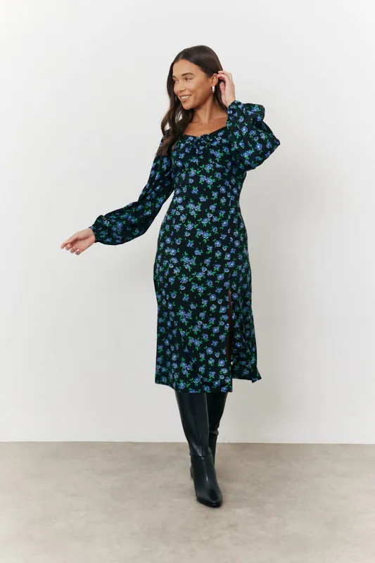 Black Ditsy Floral Print Tie Front Midi Dress with Slit Detail - In The Style