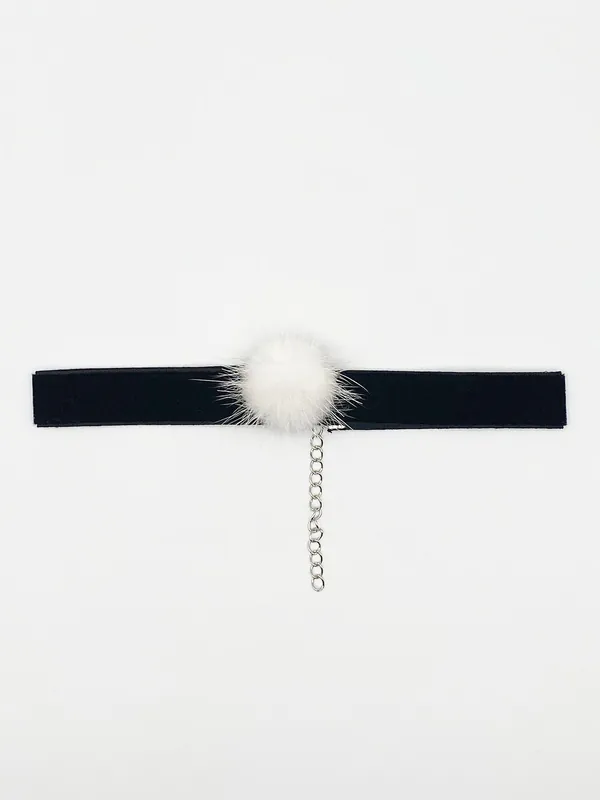 Black Faux Velvet Band Choker Necklace With White Pom Pom - SVNX
