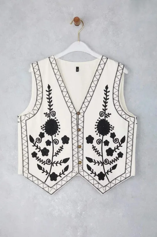 Floral Embroidered Button-Up Vest